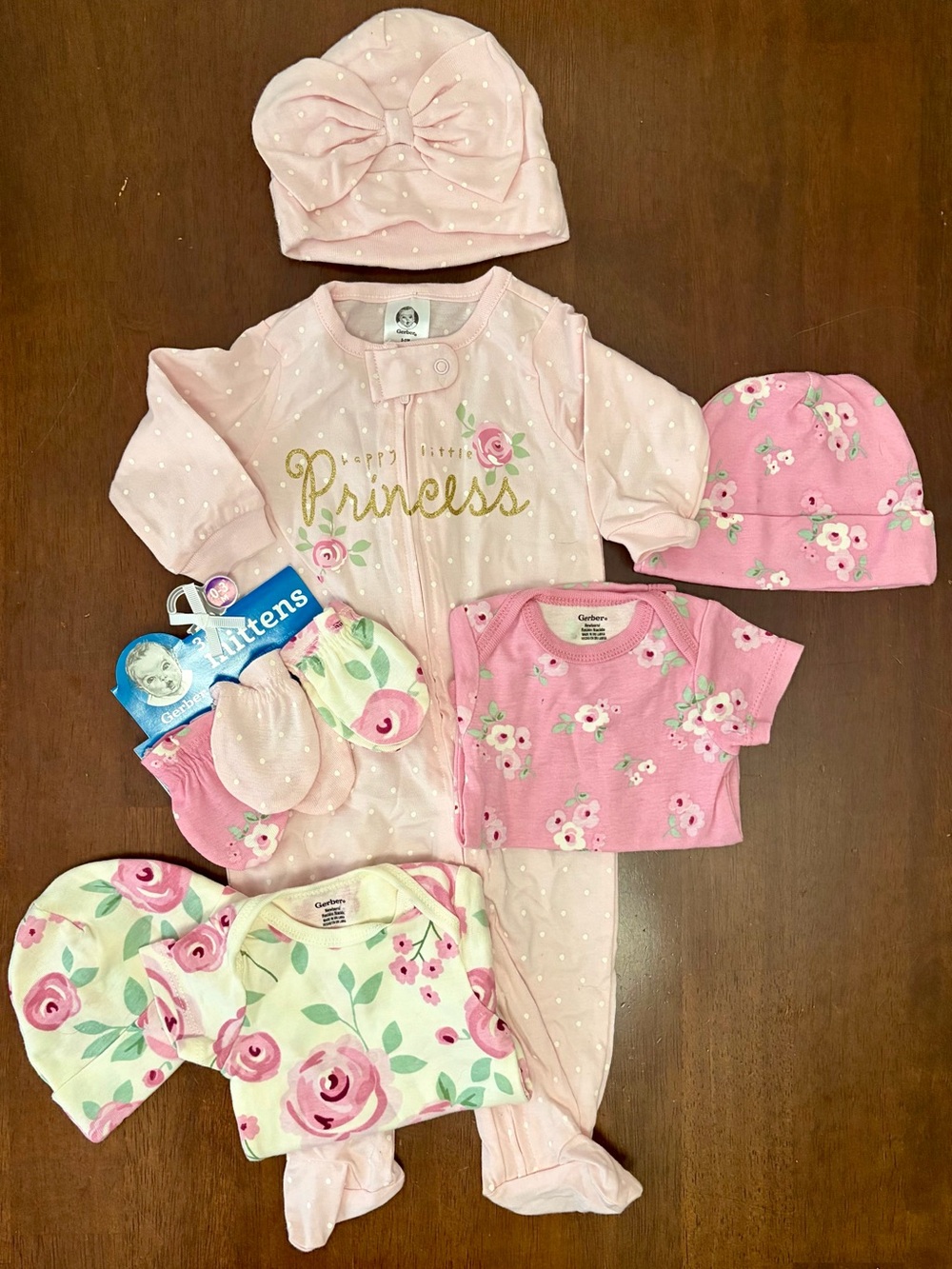 Gerber Pink Floral Princess Pajama Set with Matching Hats, Mittens & Onesies